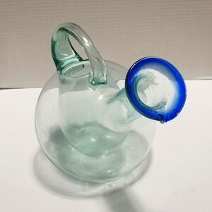 Art Glass Tilted Wine Carafe Decanter With Ice Pocket & Cobalt Blue Lip.